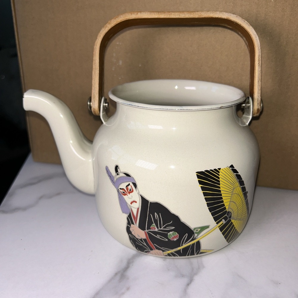 Vintage Enamel Kabuki Teapot Cream Japanese Theater Wood Handle No Lid
